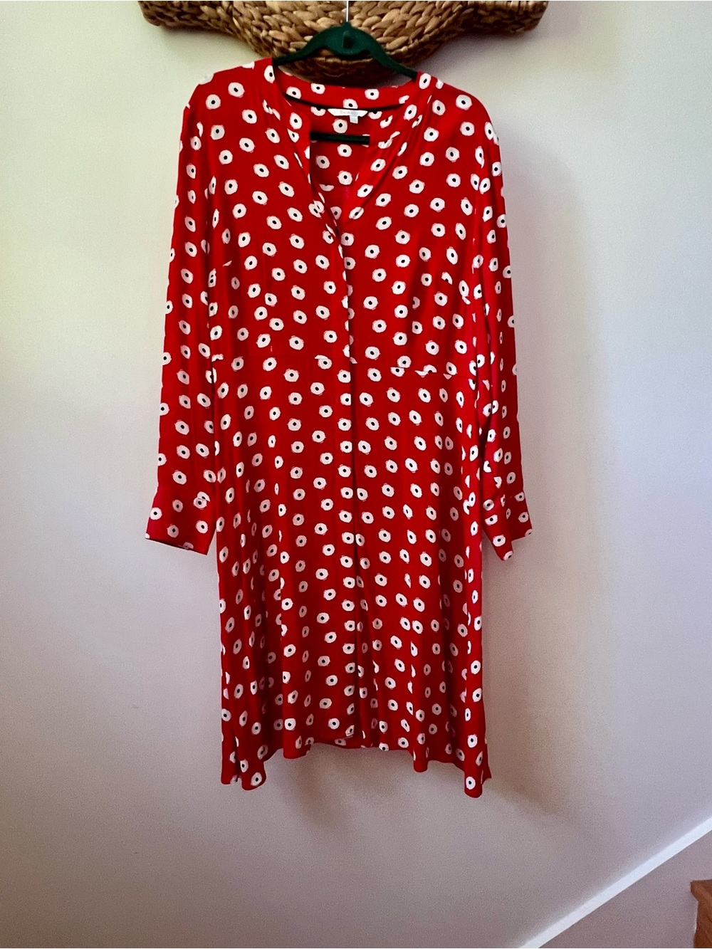 Boden Red White Spot Print Shirt Dress Long Sleeve Size 12